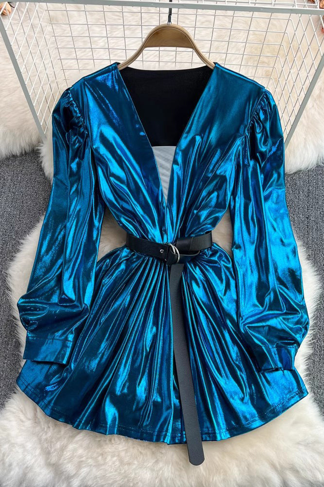 V-Neck Long Sleeve Ruffle Mini Dress