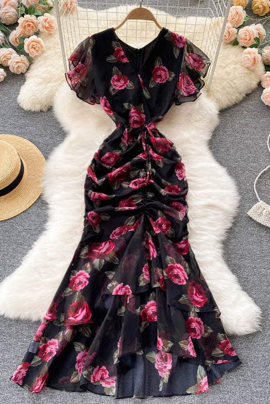 Lace Short Sleeve Ruffle Floral Maxi Dress