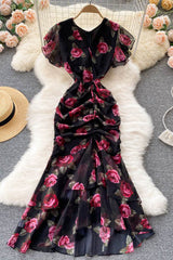 Lace Short Sleeve Ruffle Floral Maxi Dress
