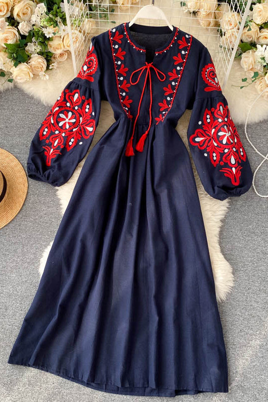 Boho Embroidery Long Sleeve Ruffle Maxi Dress
