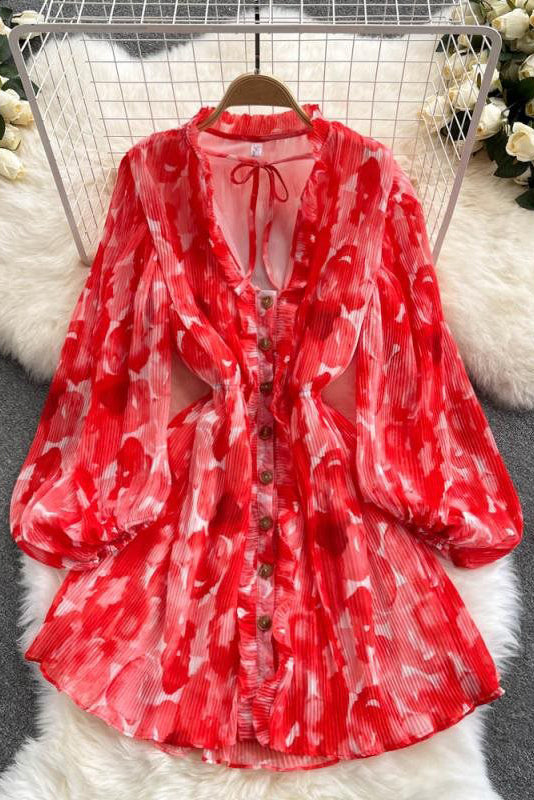 V-Neck Print Long Sleeve Buttons Mini Dress