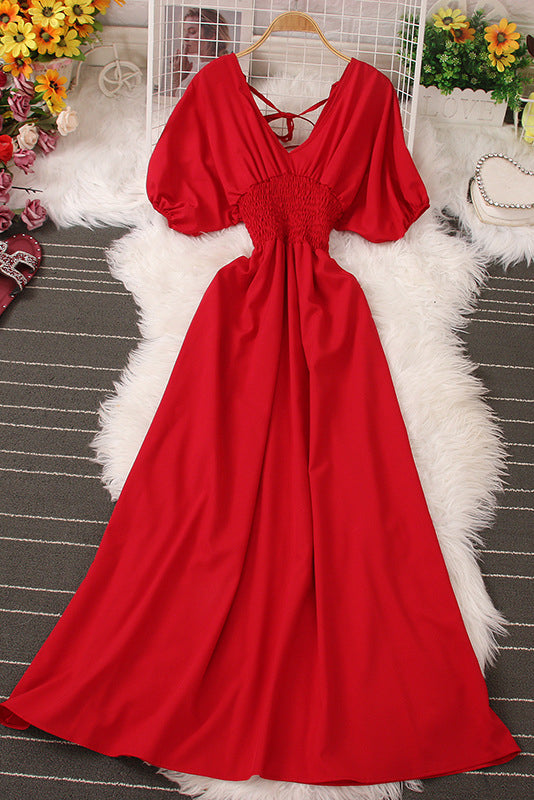 V-Neck Short Sleeve Backless Maxi Dress