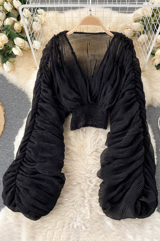 V-Neck Ruffle Long Sleeve Tops