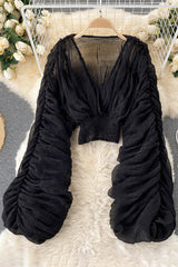 V-Neck Ruffle Long Sleeve Tops