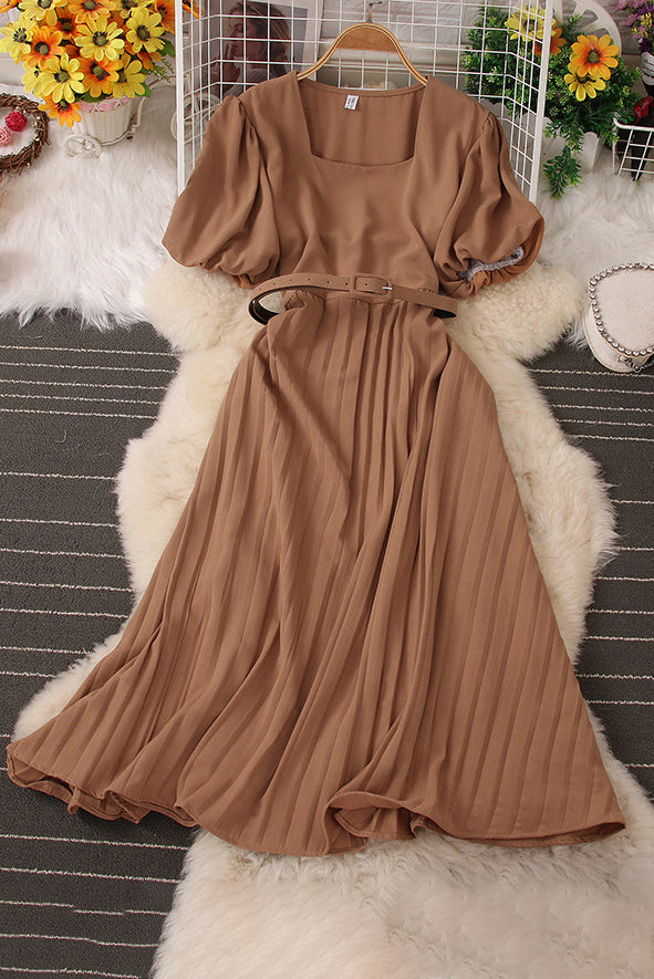 Square Collar Short Sleeve Pleated Maxi Dress
