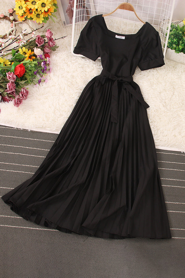 Short Sleeve Strappy Pleated Maxi Dress