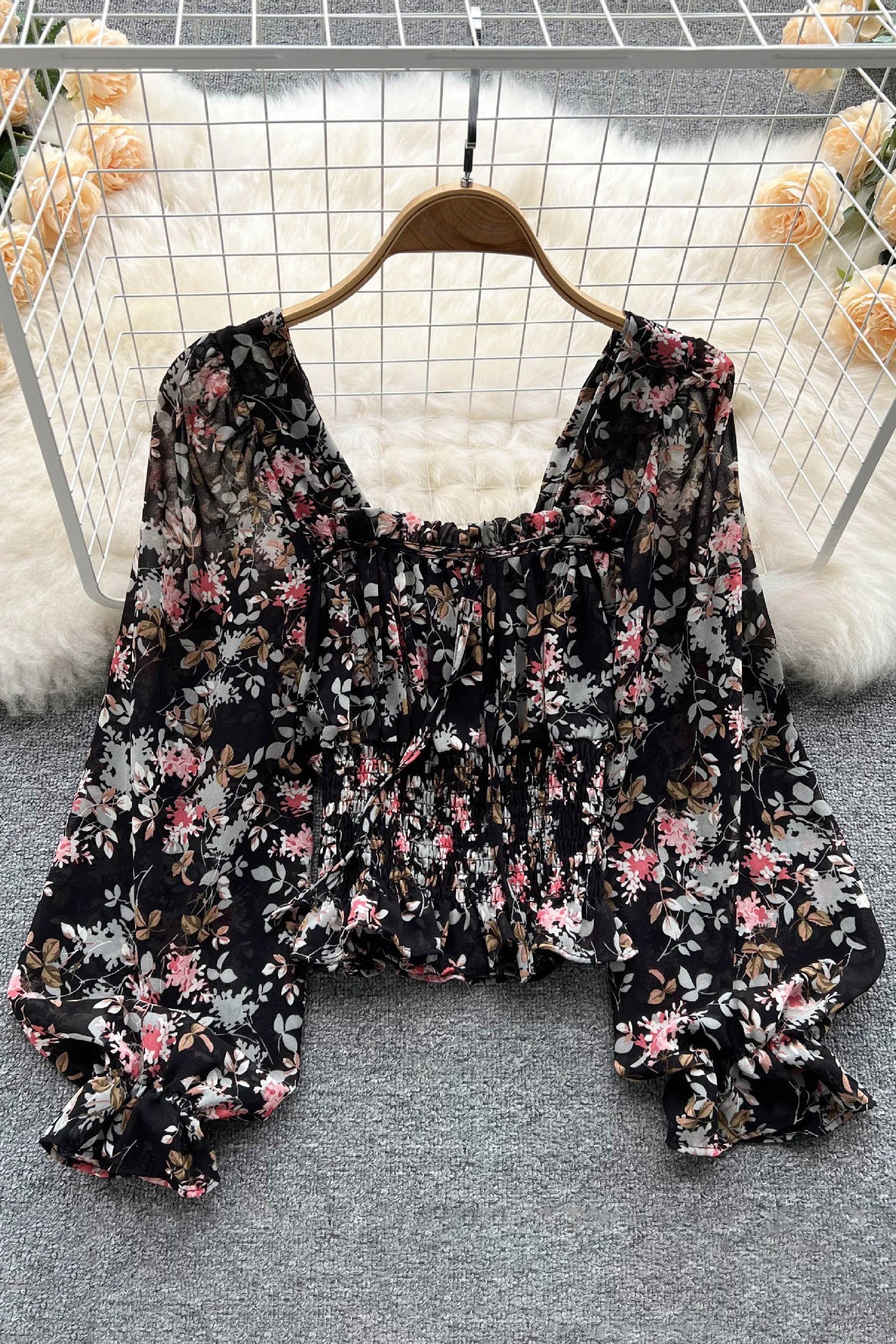 Floral Ruffle Long Sleeve Crop Top