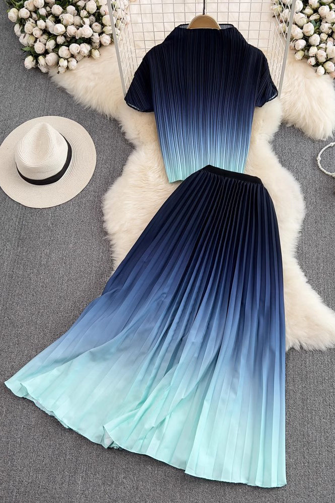 Gradient Color Short Sleeve Tops Skirt Set Two-Piece