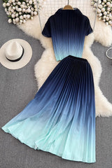 Gradient Color Short Sleeve Tops Skirt Set Two-Piece