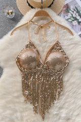 Sequin Strap Strappy Halter Tassel Cami Crop Vest Tank Tops