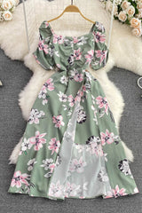 Retro Floral Square Neck Short Sleeve Backless Maxi Dress