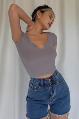Solid Short Sleeve Cut Out Tops Tees