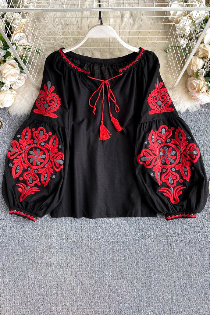 Retro Tassel Strappy Embroidery Long Sleeve Top