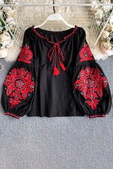 Retro Tassel Strappy Embroidery Long Sleeve Top