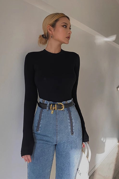 Crew Neck Ribbed Tops Fitted Basic Shirt