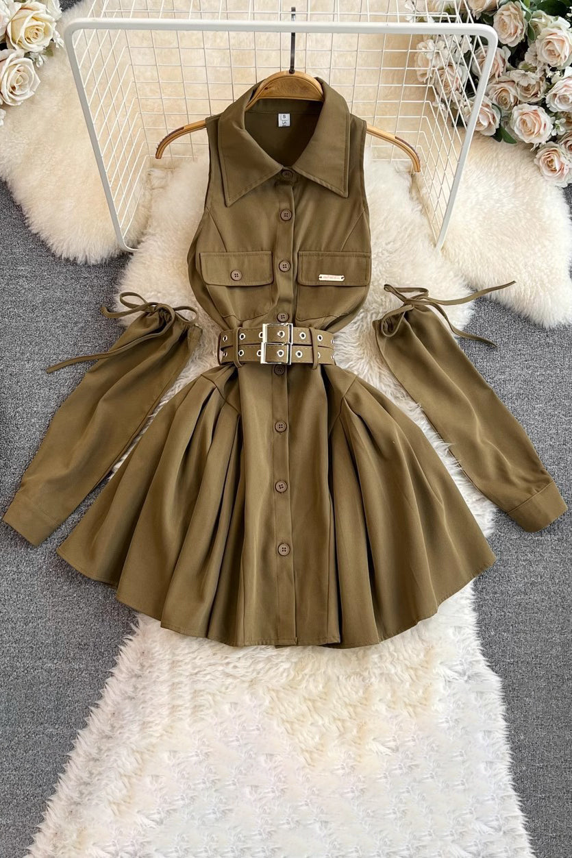 Sleeveless Lapel Buttons Mini Dress
