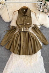 Sleeveless Lapel Buttons Mini Dress