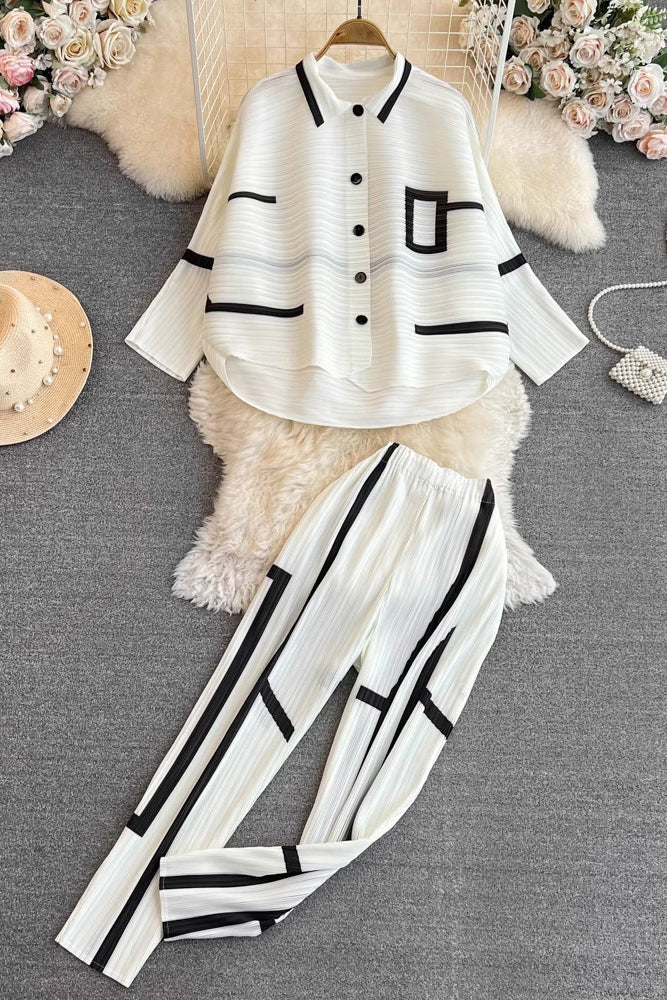 Ruffle Long Sleeve Shirt Top Pants Trousers Set Two-Piece