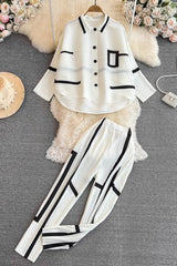 Ruffle Long Sleeve Shirt Top Pants Trousers Set Two-Piece