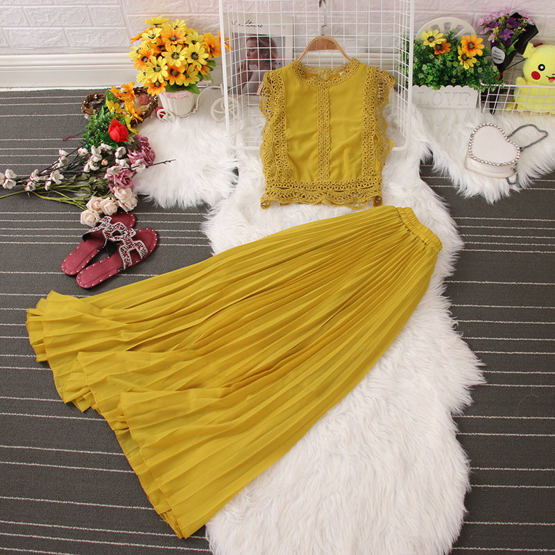 Sleeveless Lace Vest Tank Top Ruffle Skirt Set Two-Piece