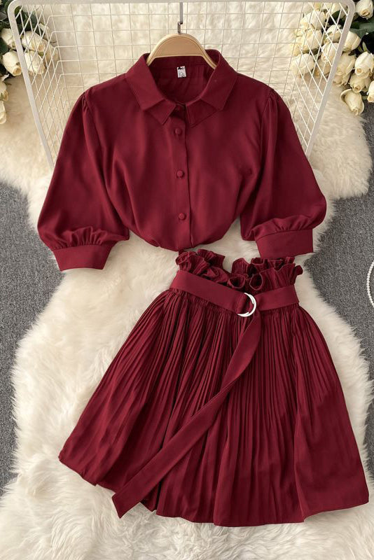 Short Sleeve Shirt Tops Pleated Skirt Set Two-Piece