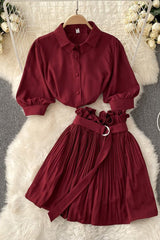 Short Sleeve Shirt Tops Pleated Skirt Set Two-Piece