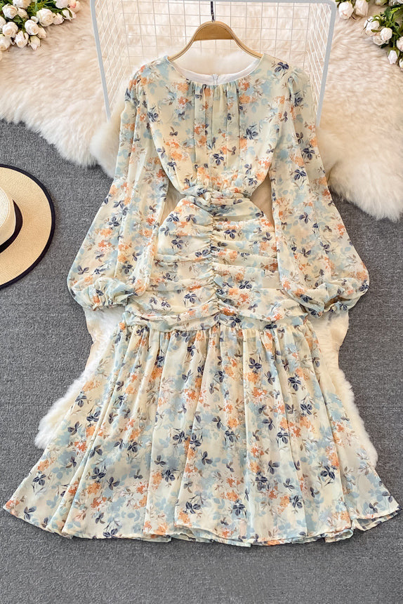 Floral Long Sleeve Zip Ruffle Maxi Dress