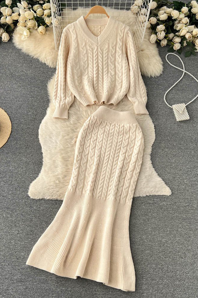 V-Neck Long Sleeve Top Sweater Skirt Set Two-Piece
