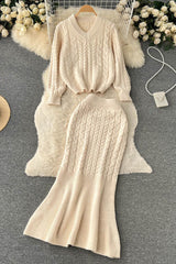 V-Neck Long Sleeve Top Sweater Skirt Set Two-Piece