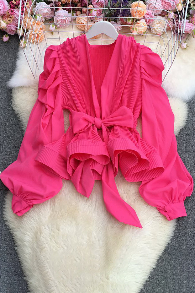 Lace Long Sleeve V-Neck Strappy Bow Ruffle Tops