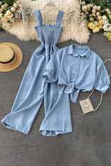 Sleeveless Strap Romper Jumpsuit Buttons Short Sleeve Shirt Tops Set Two-Piece