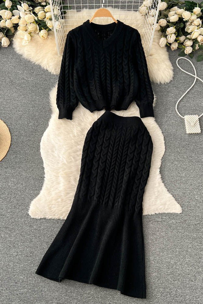 V-Neck Long Sleeve Top Sweater Skirt Set Two-Piece
