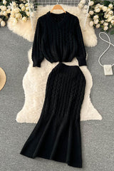 V-Neck Long Sleeve Top Sweater Skirt Set Two-Piece