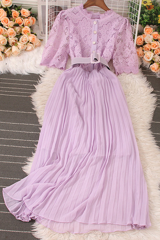 Retro Lace Hollow Short Sleeve Pleated Maxi Dress