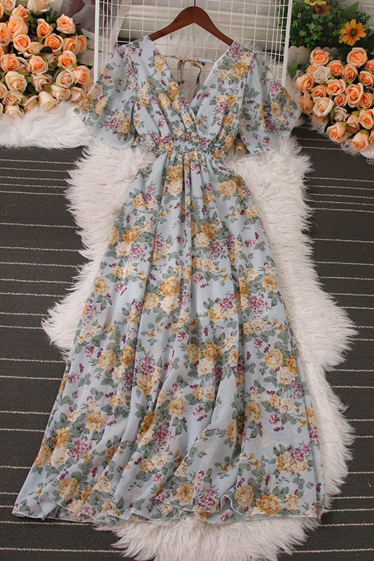 Chiffon Print V-Neck Short Sleeve Dress
