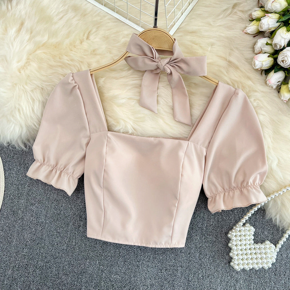 Bow Square Neck Short Sleeve Crop Top