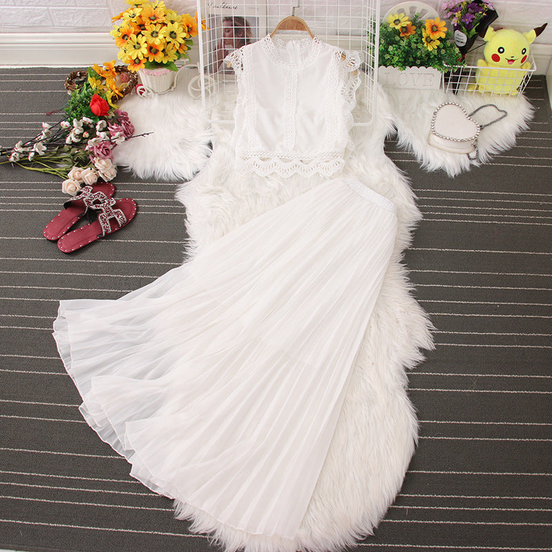 Sleeveless Lace Vest Tank Top Ruffle Skirt Set Two-Piece