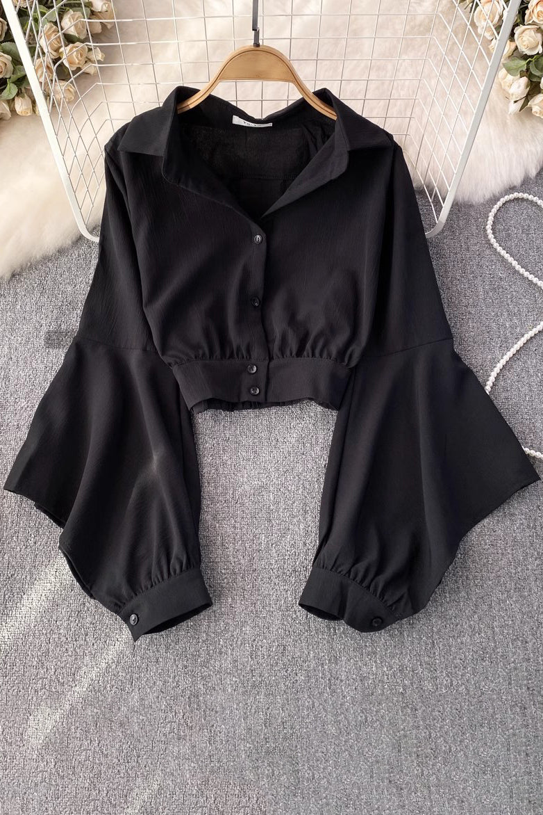 Long Sleeve Buttons Crop Shirt Top