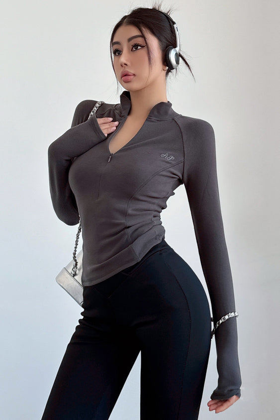 Casual Zip Lapel Long Sleeve Tops