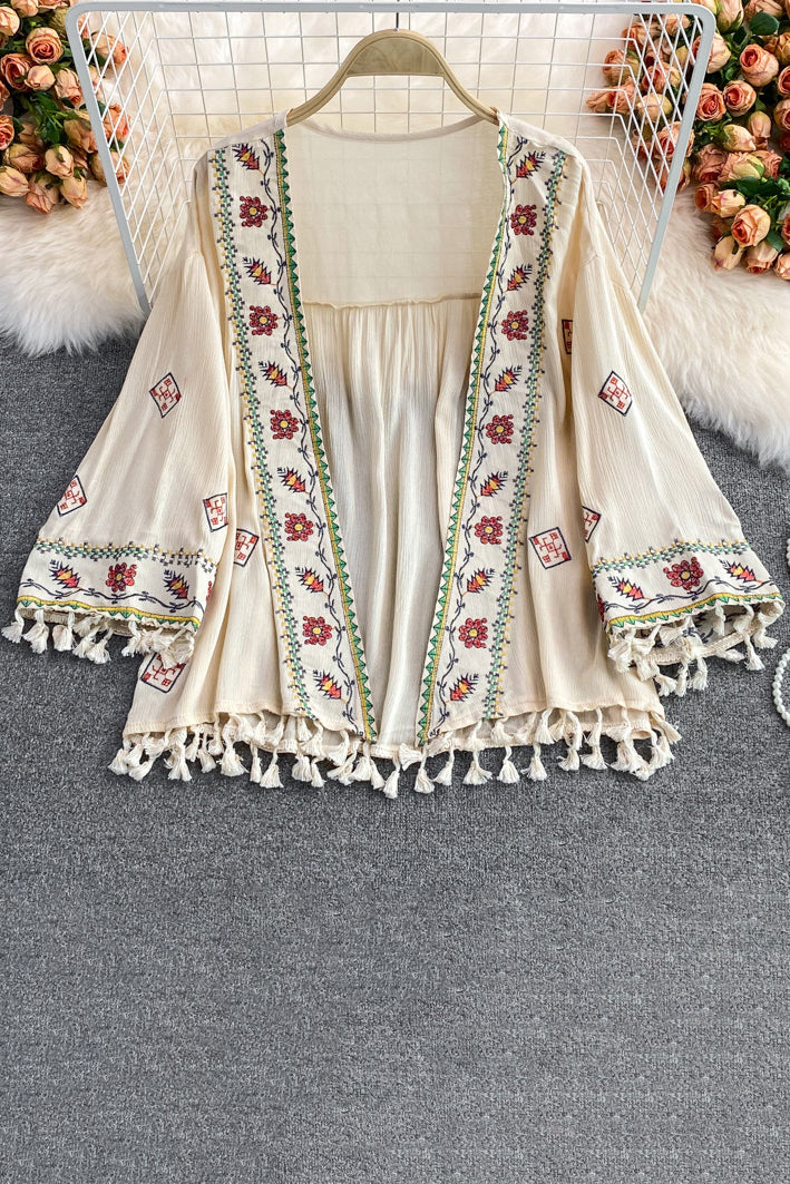 Boho Lace Tassel Long Sleeve Cardigan Top