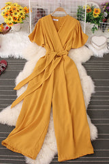 V-Neck Short Sleeve Strappy Romper Jumpsuit
