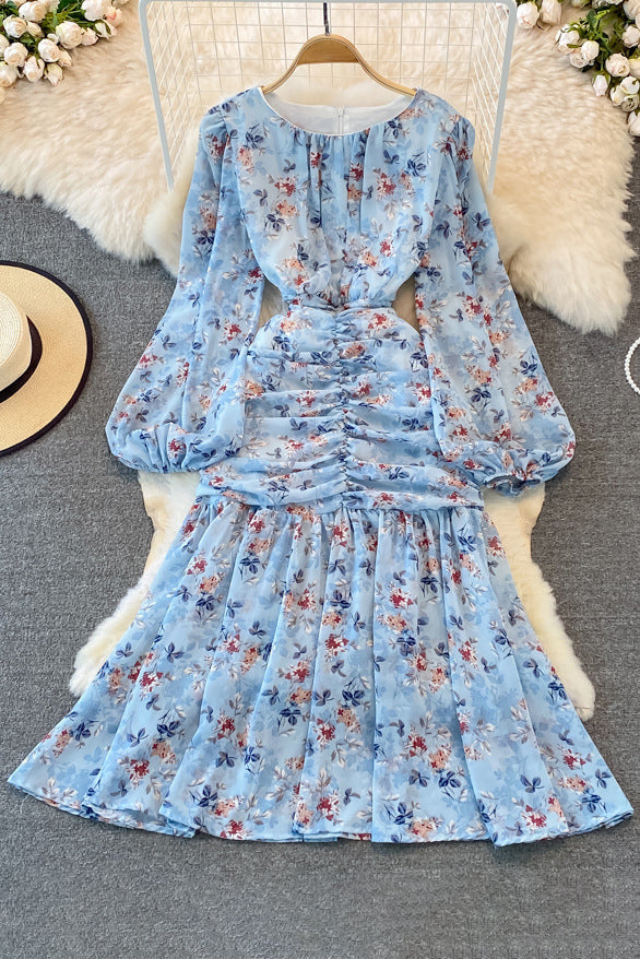 Floral Long Sleeve Zip Ruffle Maxi Dress