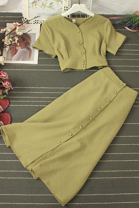 Short Sleeve Buttons Crop Tops Skirt Set Two-Piece