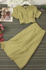 Short Sleeve Buttons Crop Tops Skirt Set Two-Piece