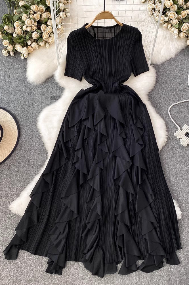 Ruffle Irregular Lace Scoop Neck Short Sleeve Maxi Dress