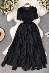 Ruffle Irregular Lace Scoop Neck Short Sleeve Maxi Dress