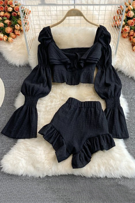 Long Sleeve Crop Top Shorts Set Two-Piece