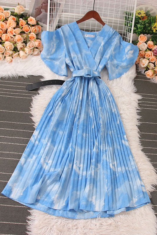 V-Neck Short Sleeve Pleated Dress