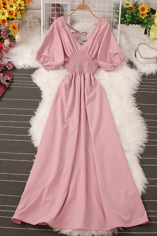 V-Neck Short Sleeve Backless Maxi Dress