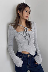 Asymmetrical Hem Rib-knit Sweater Tops Shirt